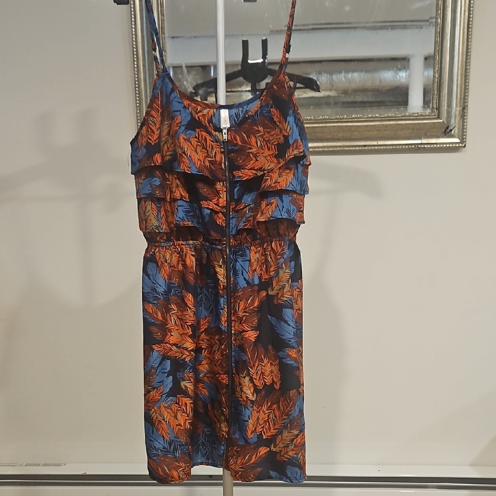 Xhilaration Blue and Orange Leaf Print Dress